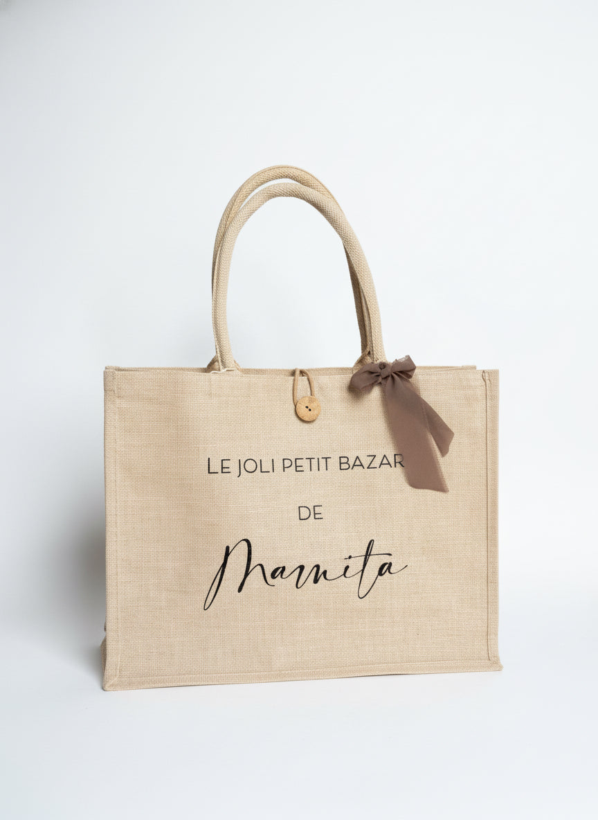 Grand cabas avec bouton « le joli petit bazar de… »