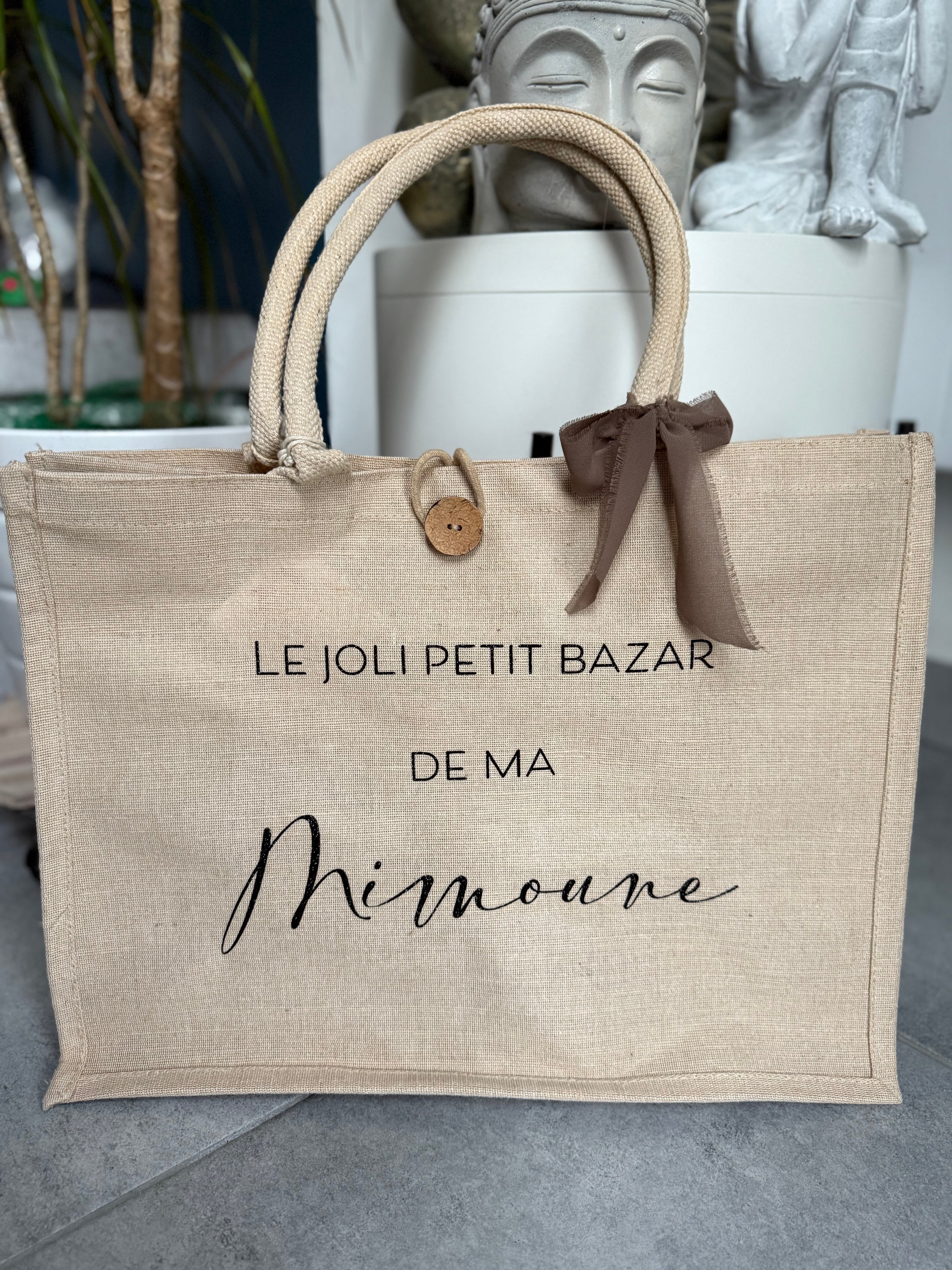 Grand cabas avec bouton « le joli petit bazar de… »