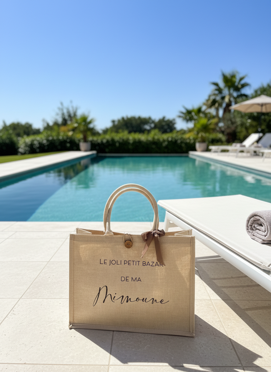 Grand cabas avec bouton « le joli petit bazar de… »